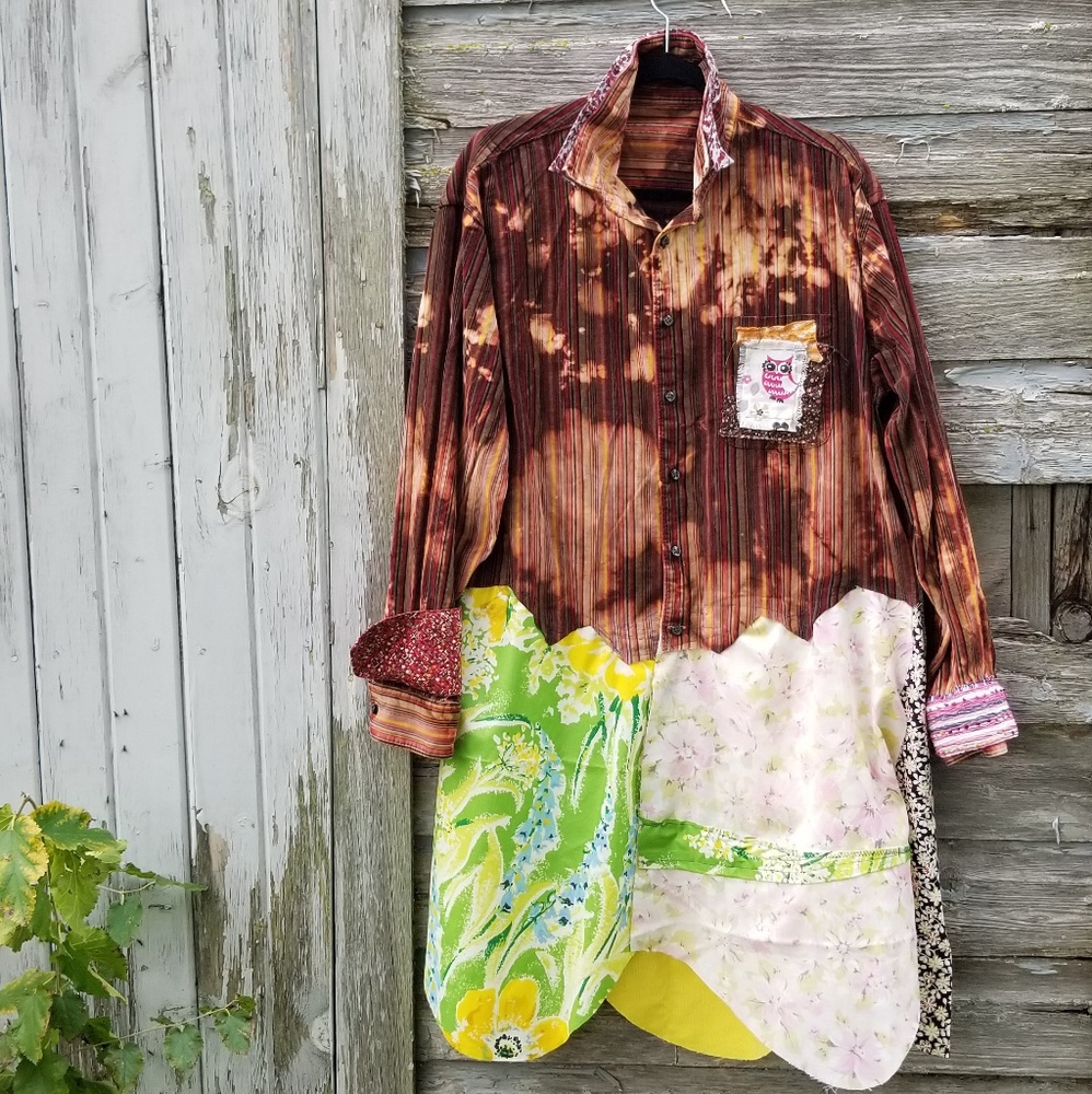 Owl Boho vintage Floral Patchwork Shirt Dress
